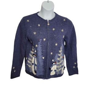 NEW CROFT & BARROW blue‎ snowman zip up cardigan sweater S